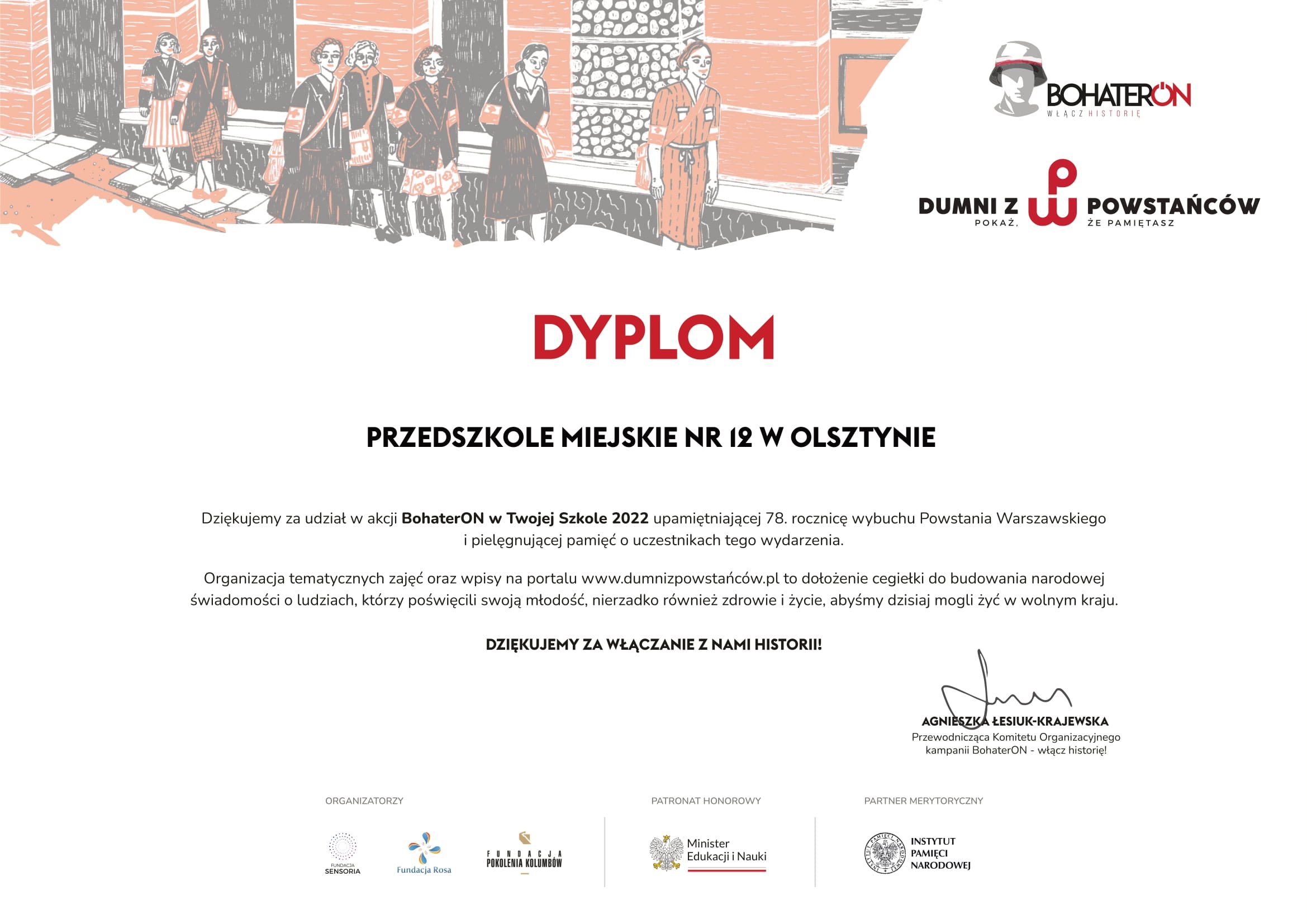 Dyplom dla Przedszkola Miejskiego nr 12 w Olsztynie za udział w akcji Bohater On