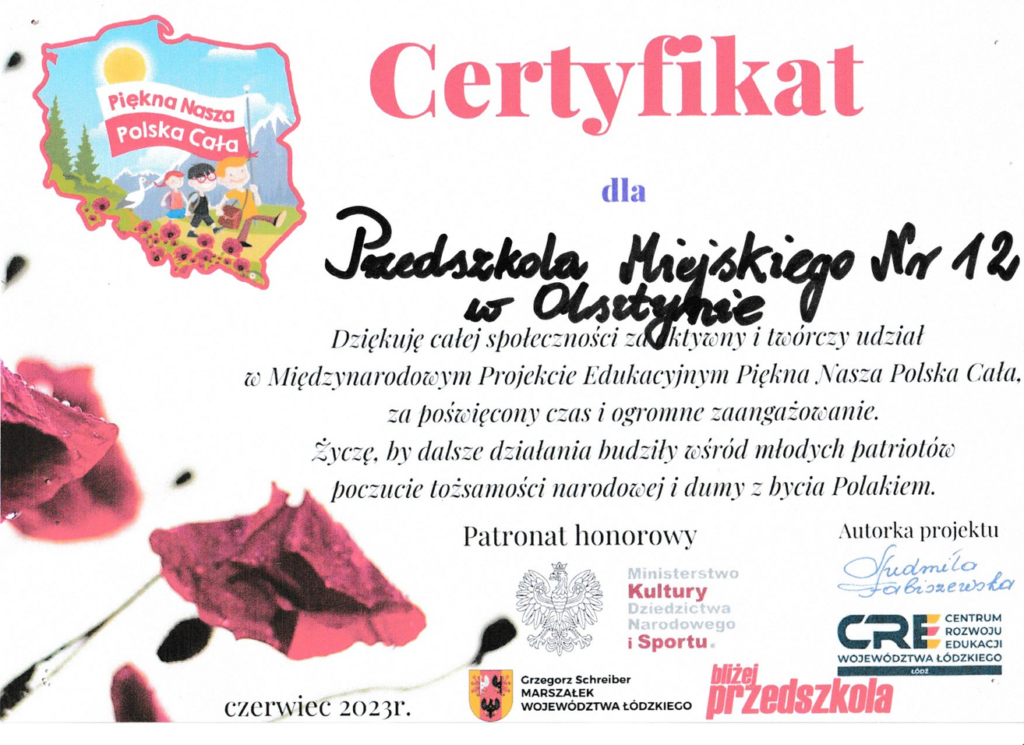 Certyfikat ukończenia projektu "Piękna Nasza Polska Cała"