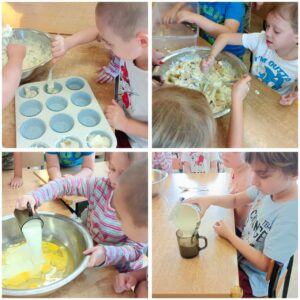 4 zdjęcia na których dzieci robią ciasto na babeczki