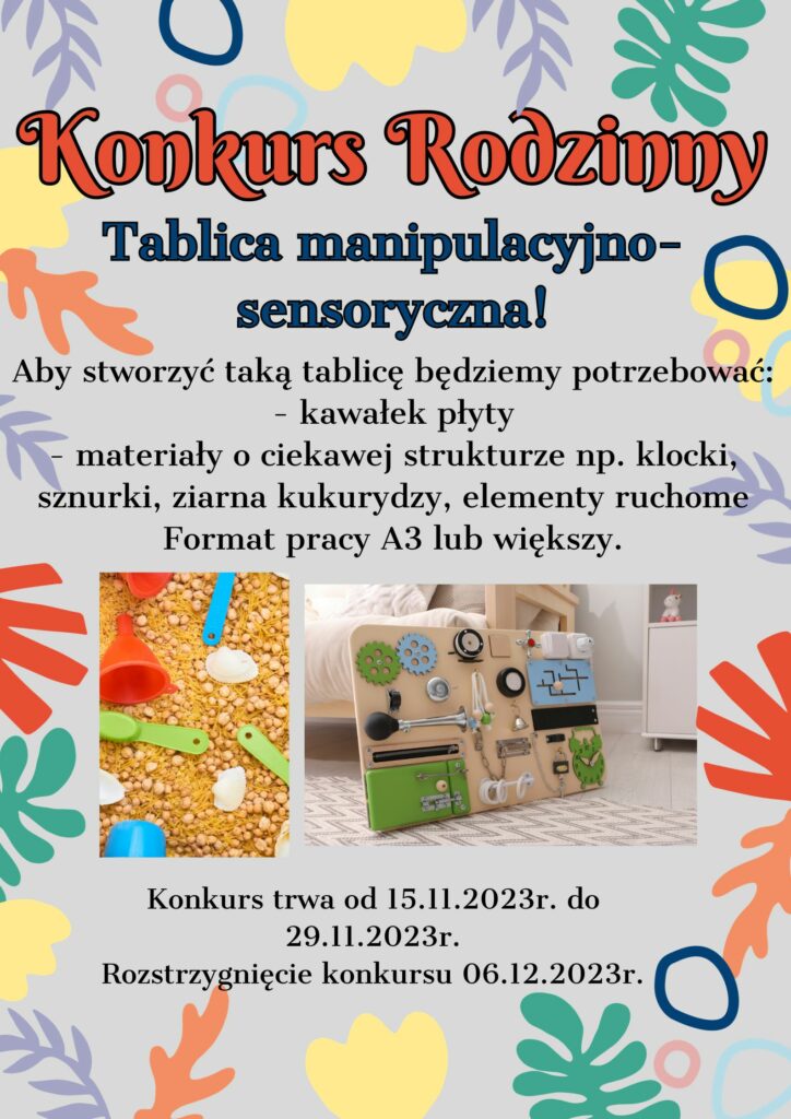 plakat konkursu rodzinnego "Tablica manipulacyjno-sensoryczna"