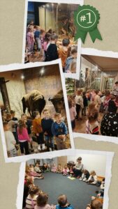 Kolaż zdjęć- dzieci oglądające eksponaty w Muzeum Przyrody.