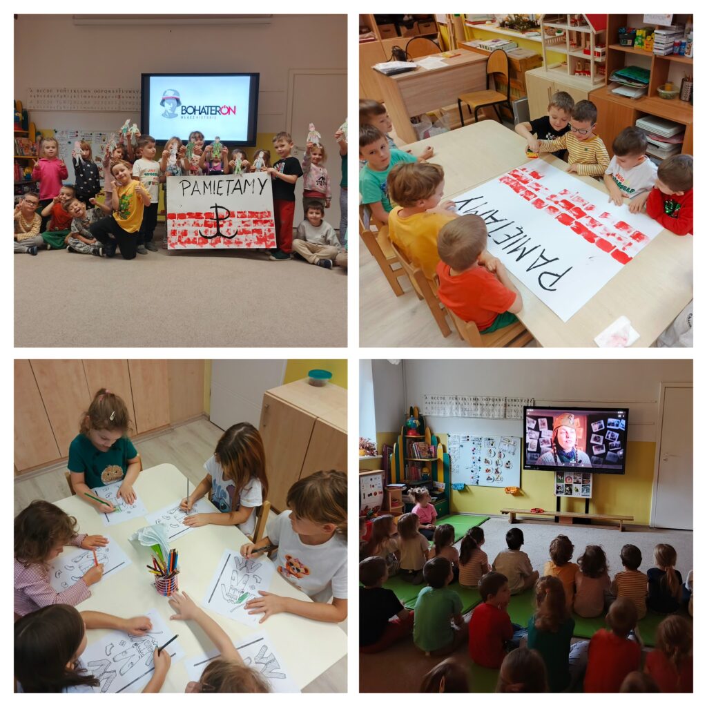 Kolaż zdjęć przedstawiający dzieci w sali przedszkolnej.